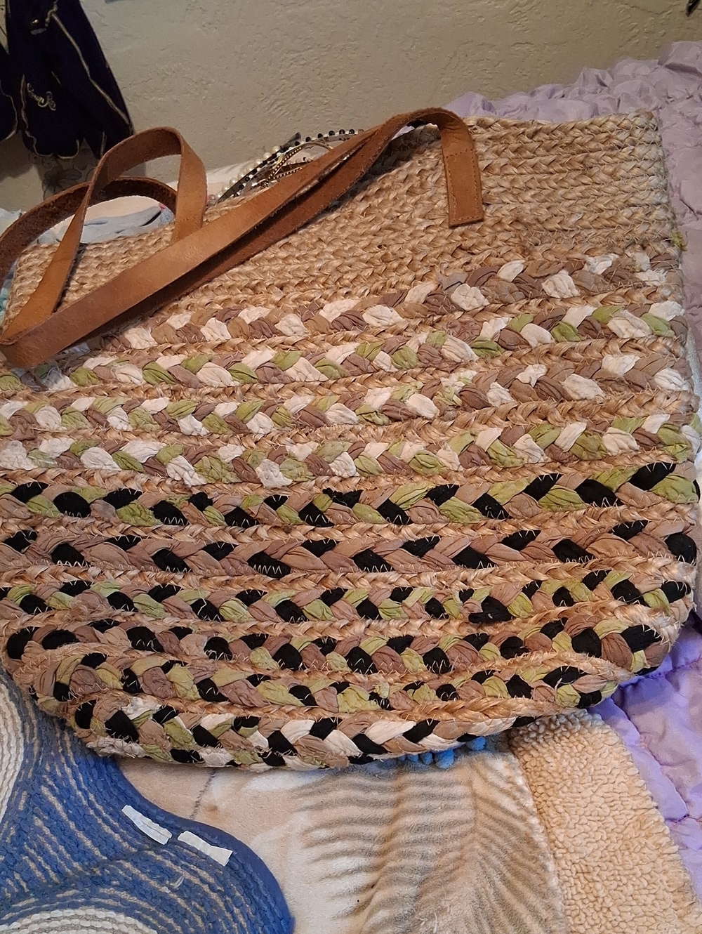 Cloth Weave Basket Tote Leather Straps